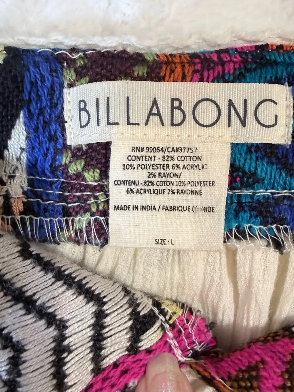 Billabong White Peasant Blouse with Multicolor Embroidered Square Neck- Size L - Picture 6 of 15